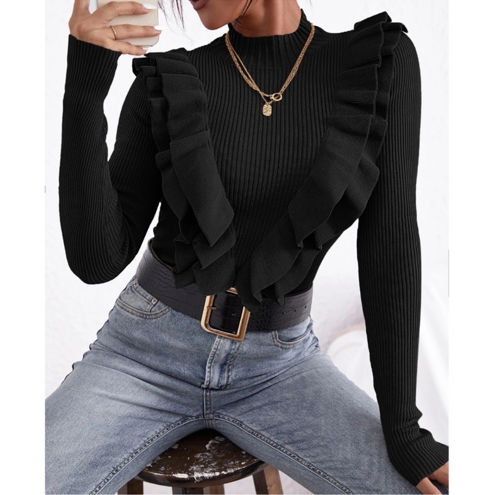 Classic Black Ribbed Fitted Ruffle Detail Long Sleeve Sweater XS S M L XL